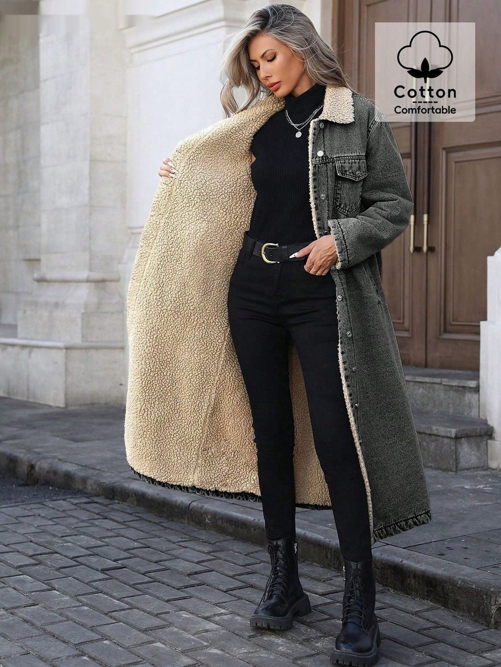 Womens Loose, Long, Fleece-lined Cotton Denim Jacket - Eve & Kith