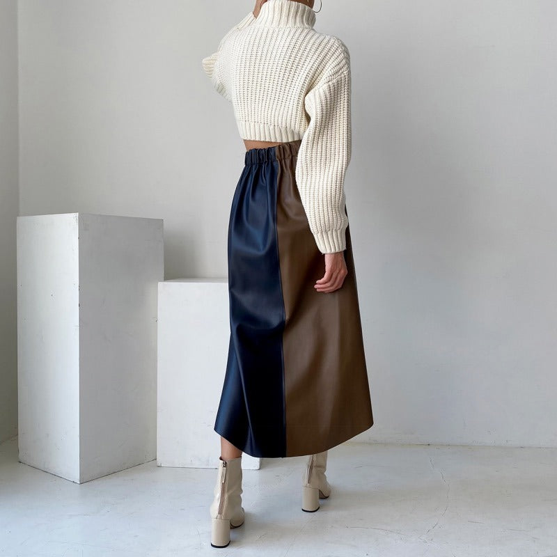 French Chic Retro Temperament Multi-color Mosaic Leather Skirt - Eve & Kith