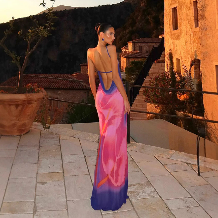 One Shoulder Diagonal Collar Printed Backless Long Dress - Eve & Kith