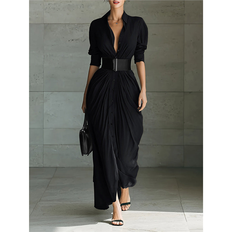Fashionable Elegant Lapel Breasted Shirt Dress With Belt - Eve & Kith