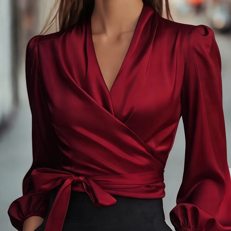 Women's Elegant Solid Color V-Neck Satin Long Sleeve Blouse, Tie Waist Professional Office Shirt For Spring Autumn - Eve & Kith