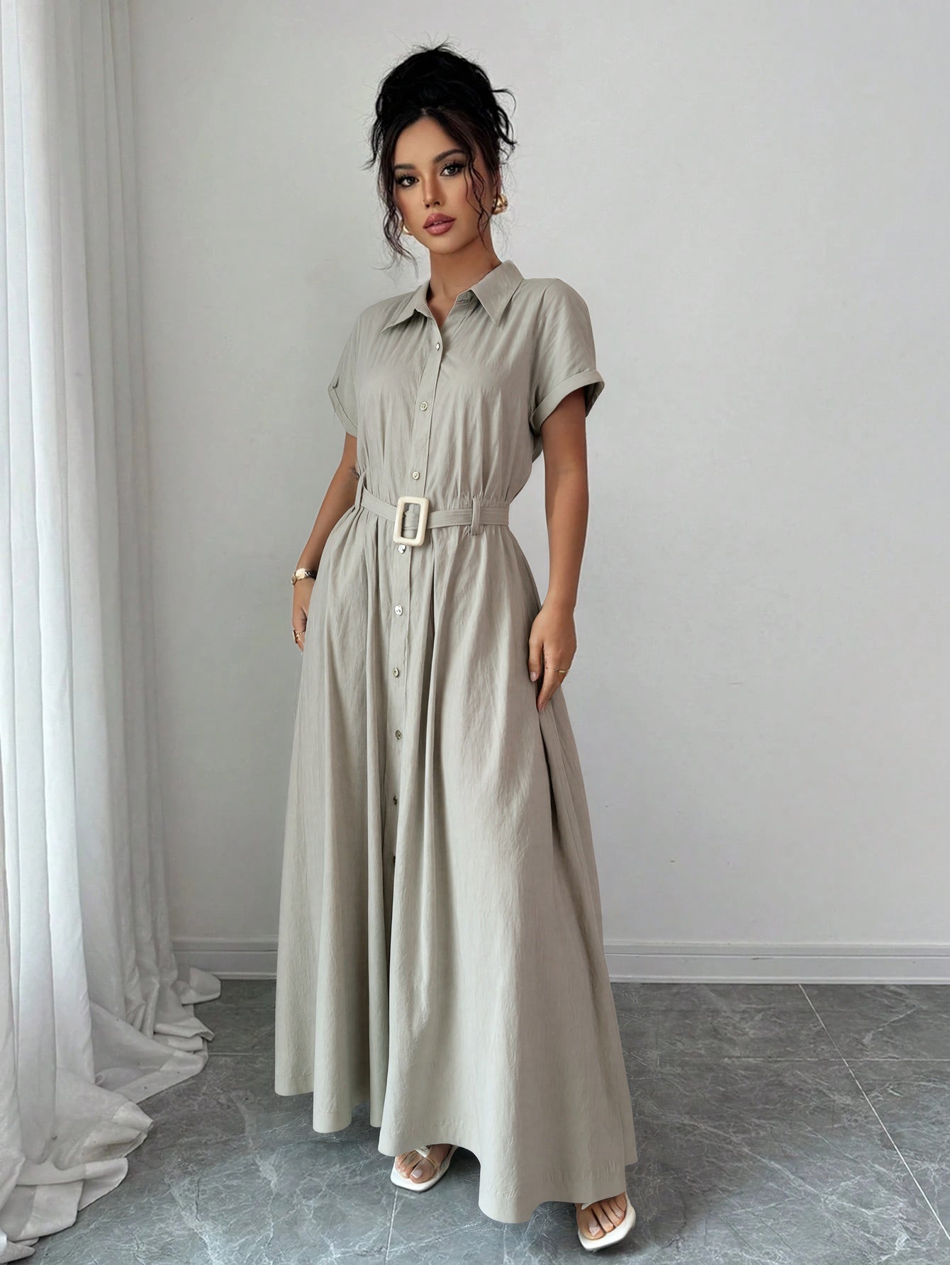 Short-Sleeve Shirt Waist-Cinched Maxi Dress - Eve & Kith