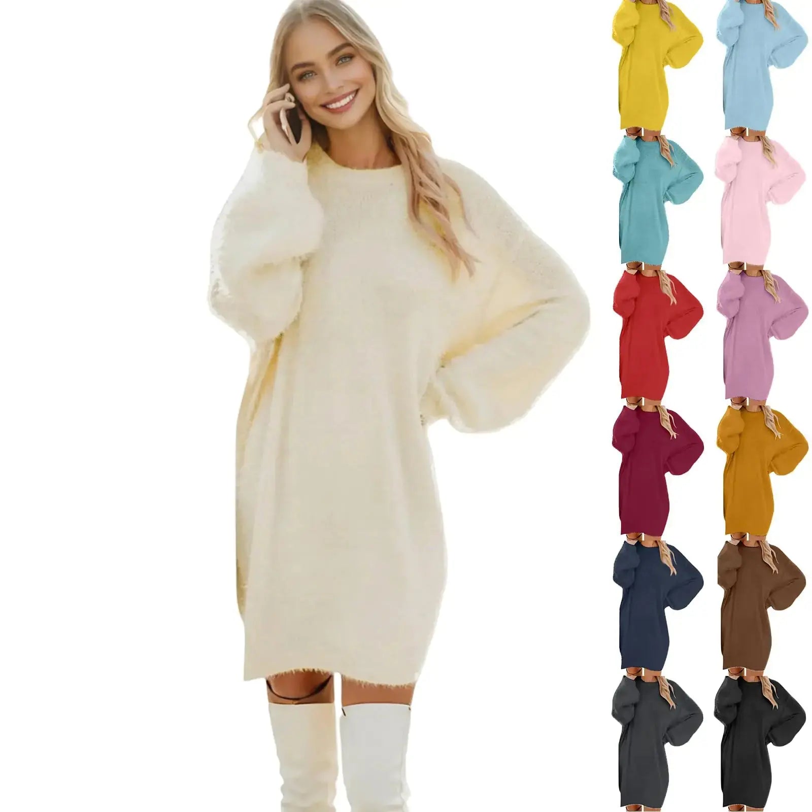 Women Sweater Dress Fuzzy Slouchy Oversized Long Sweaters for Leggings Casual Long Sleeve Tunic Sweatshirt Dress Plus Size Petite Chenille Knit Midi Sweater Dress Cute Fall Sleep Modest Shift Dresses - Eve & Kith