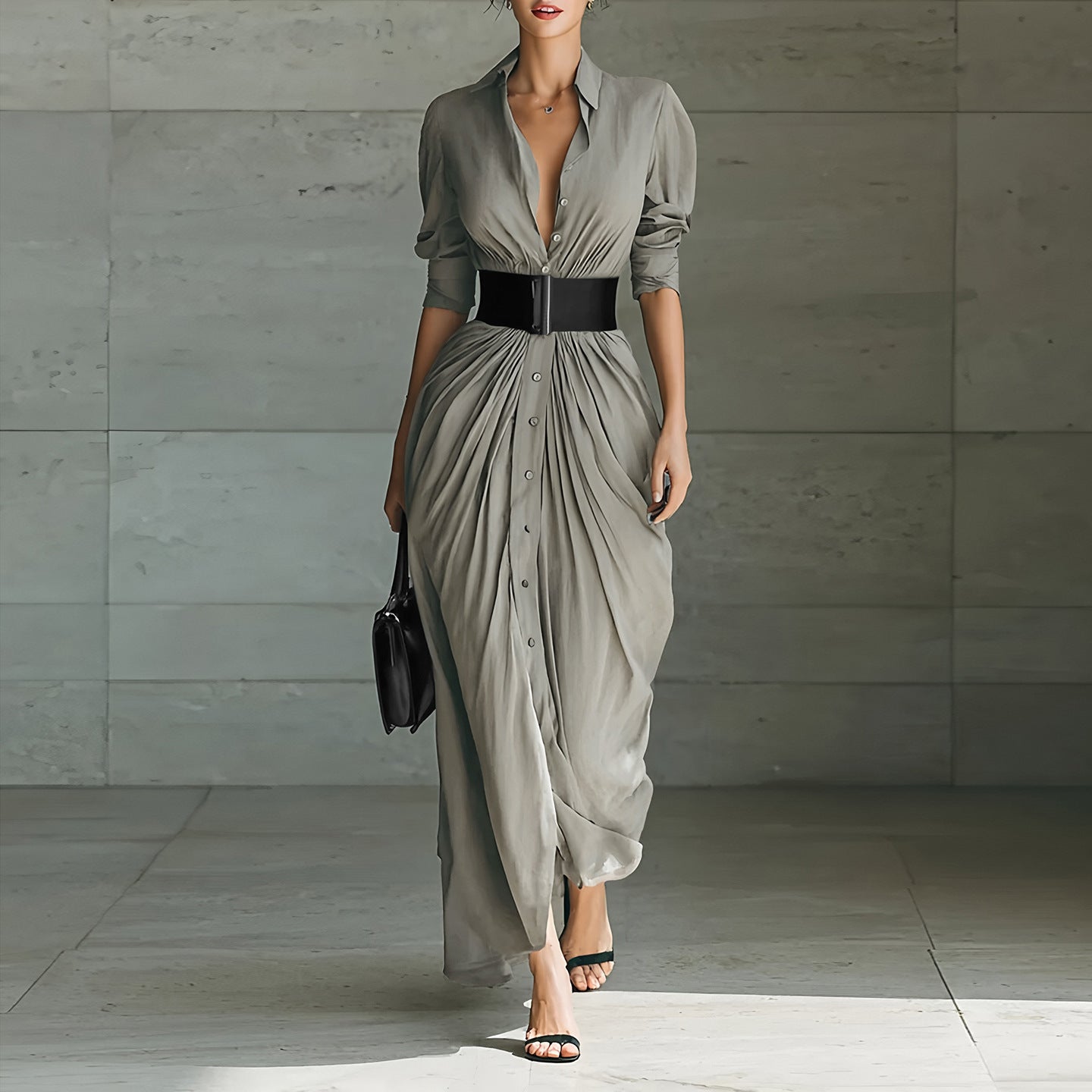 Fashionable Elegant Lapel Breasted Shirt Dress With Belt - Eve & Kith