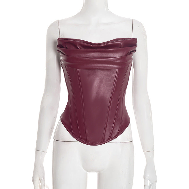 Women's PU Leather Fishbone-Strap Corset Sleeveless Top - Eve & Kith