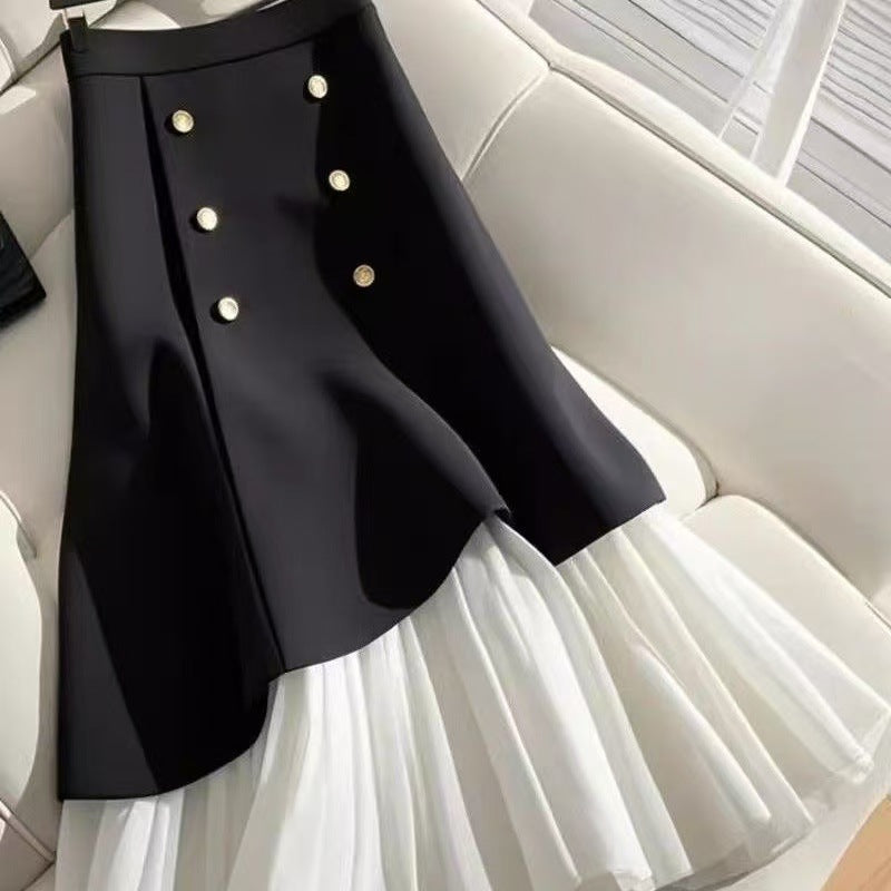 Irregular Splicing Half Skirt With Buttons - Eve & Kith
