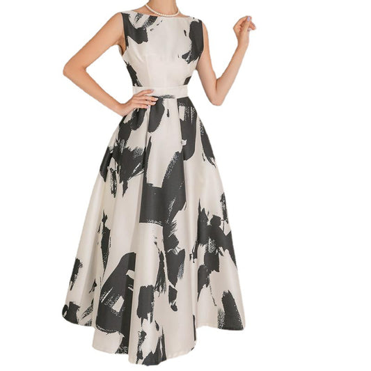 Ink Art Printed Round Neck Sleeveless High Waist Dress - Eve & Kith