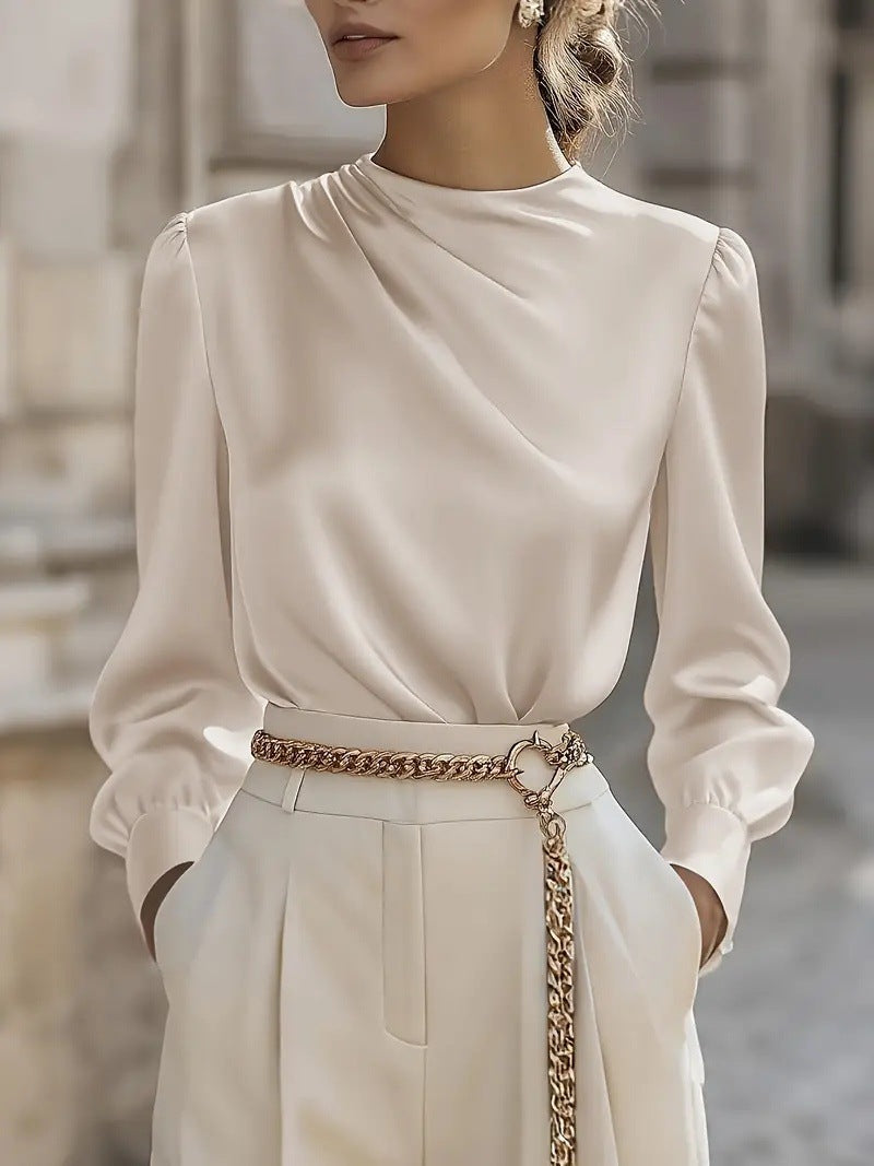 Simple Commuting Temperament Pleated High-neck Lantern Sleeve Blouse For Women - Eve & Kith