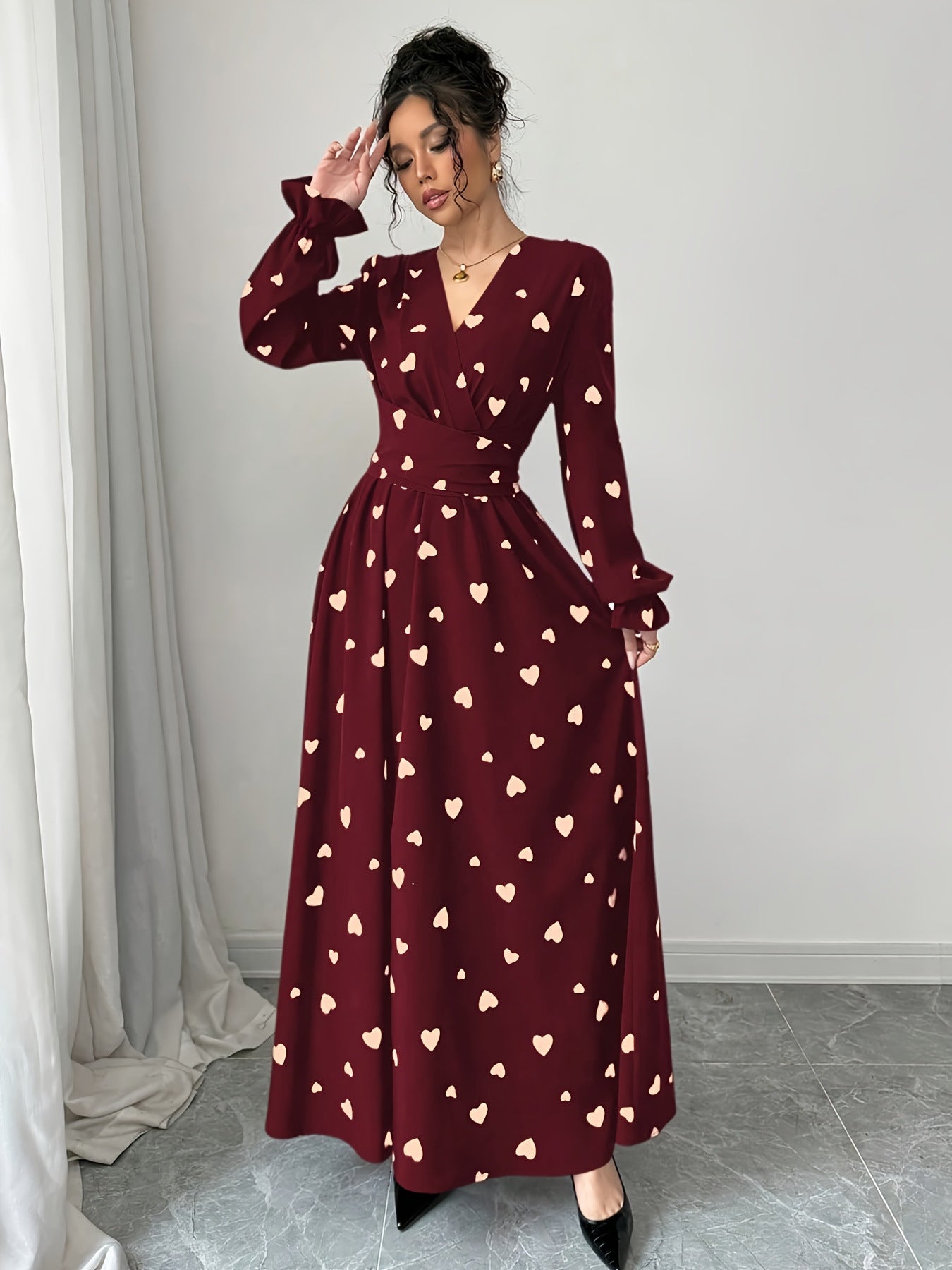 Women's Printed V-Neck Long Sleeve Waist Tie Dress - Eve & Kith