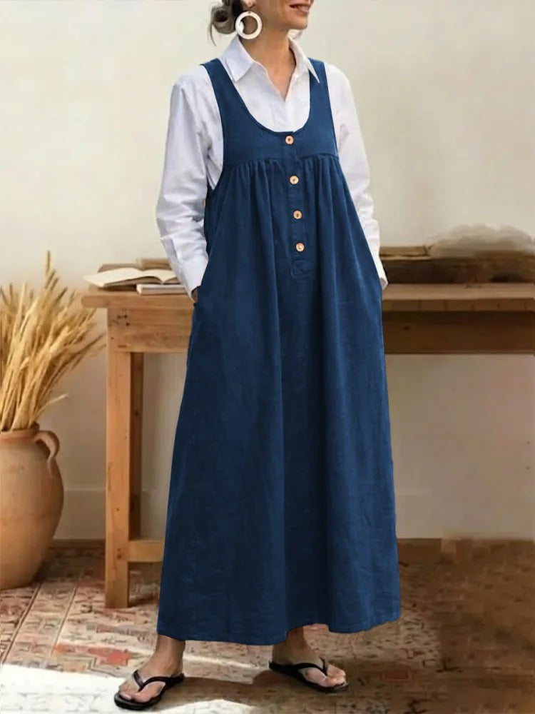 Buttoned Suspender Sleeveless Loose Casual Dress - Eve & Kith