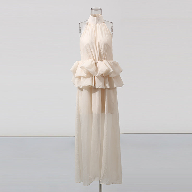 Long Ruffled Dress Sleeveless Stand Collar Solid Color Dress - Eve & Kith