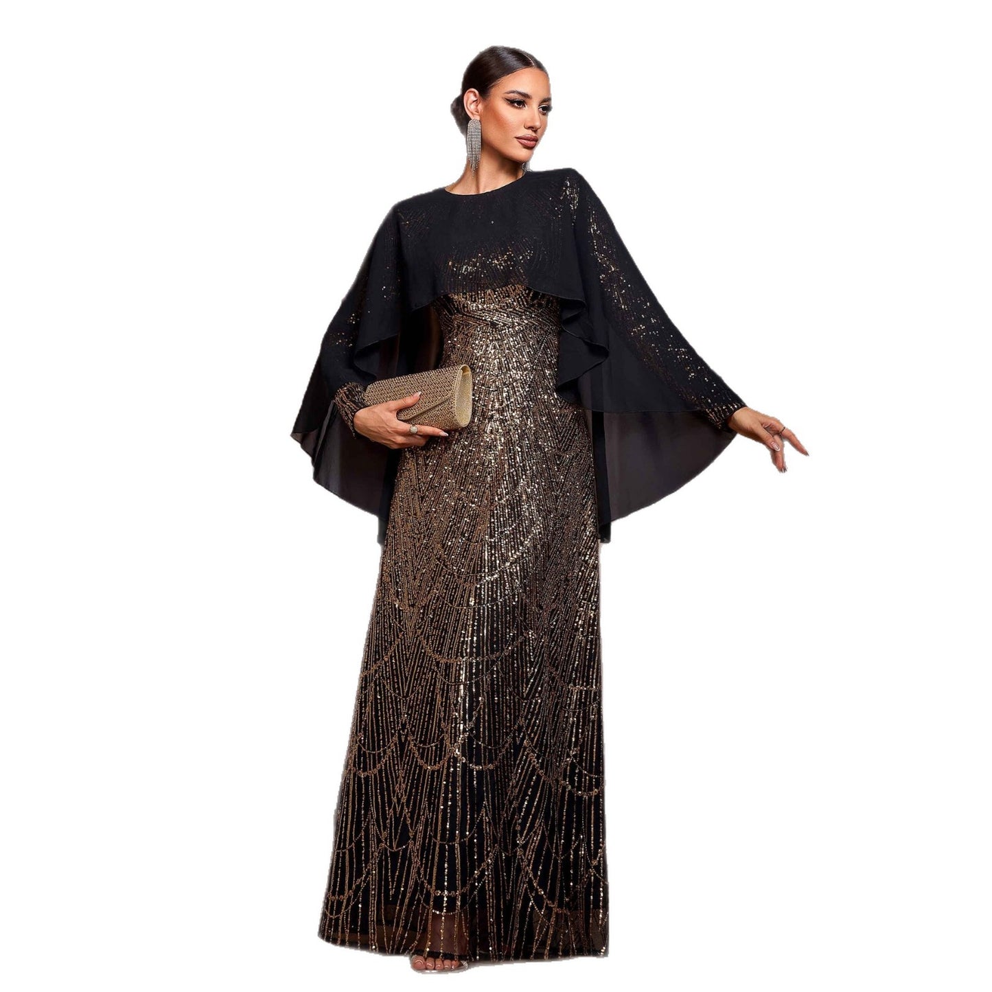 Elegant Long Sleeve Round Neck Shawl Banquet Sequined A- Line Evening Dress - Eve & Kith