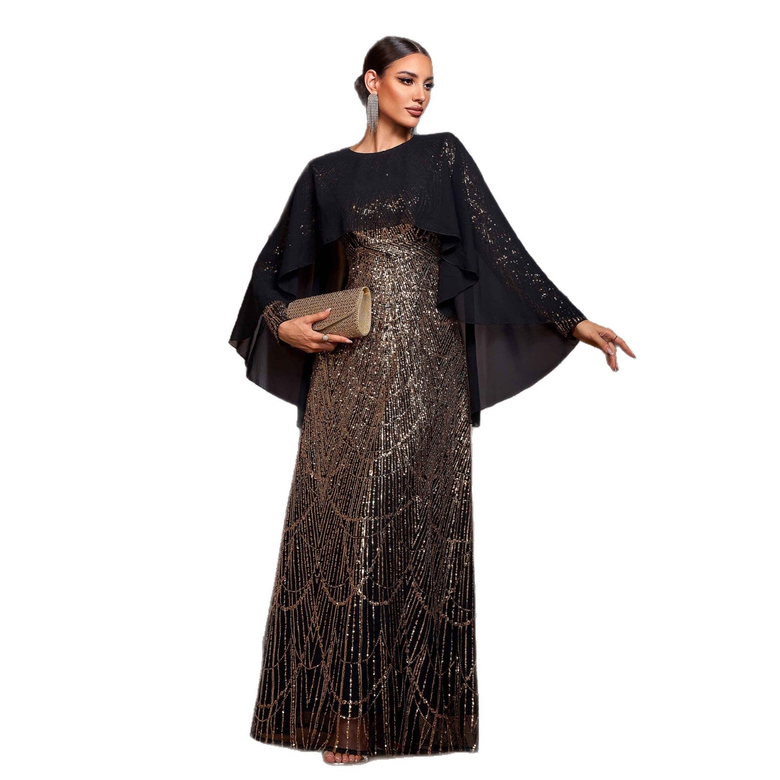 Elegant Long Sleeve Round Neck Shawl Banquet Sequined A- Line Evening Dress - Eve & Kith