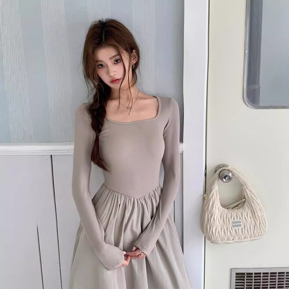 French Hepburn Style Long Sleeve Square-neck Base Dress - Eve & Kith