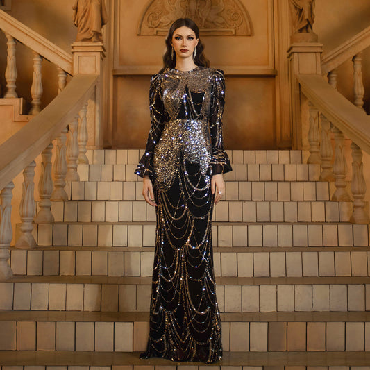 Long Sleeve Round Neck Slim-fit Sheath Sequined Banquet Fishtail Evening Dress - Eve & Kith