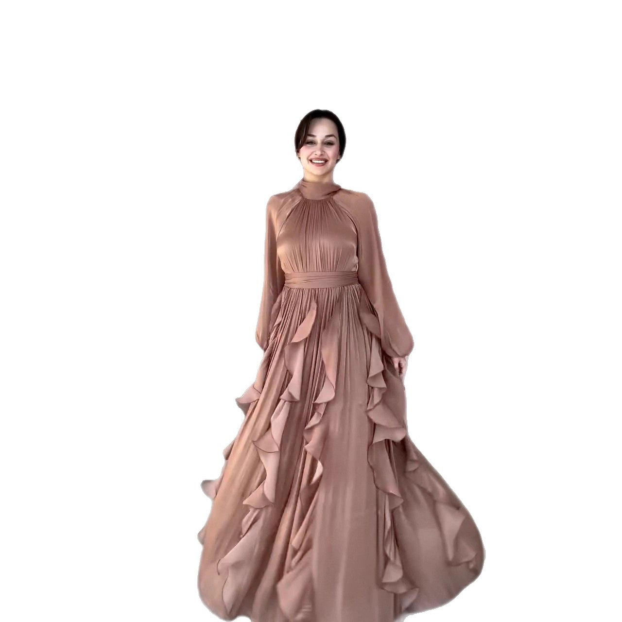 Long-sleeved Cinched-waist Vintage Maxi Dress