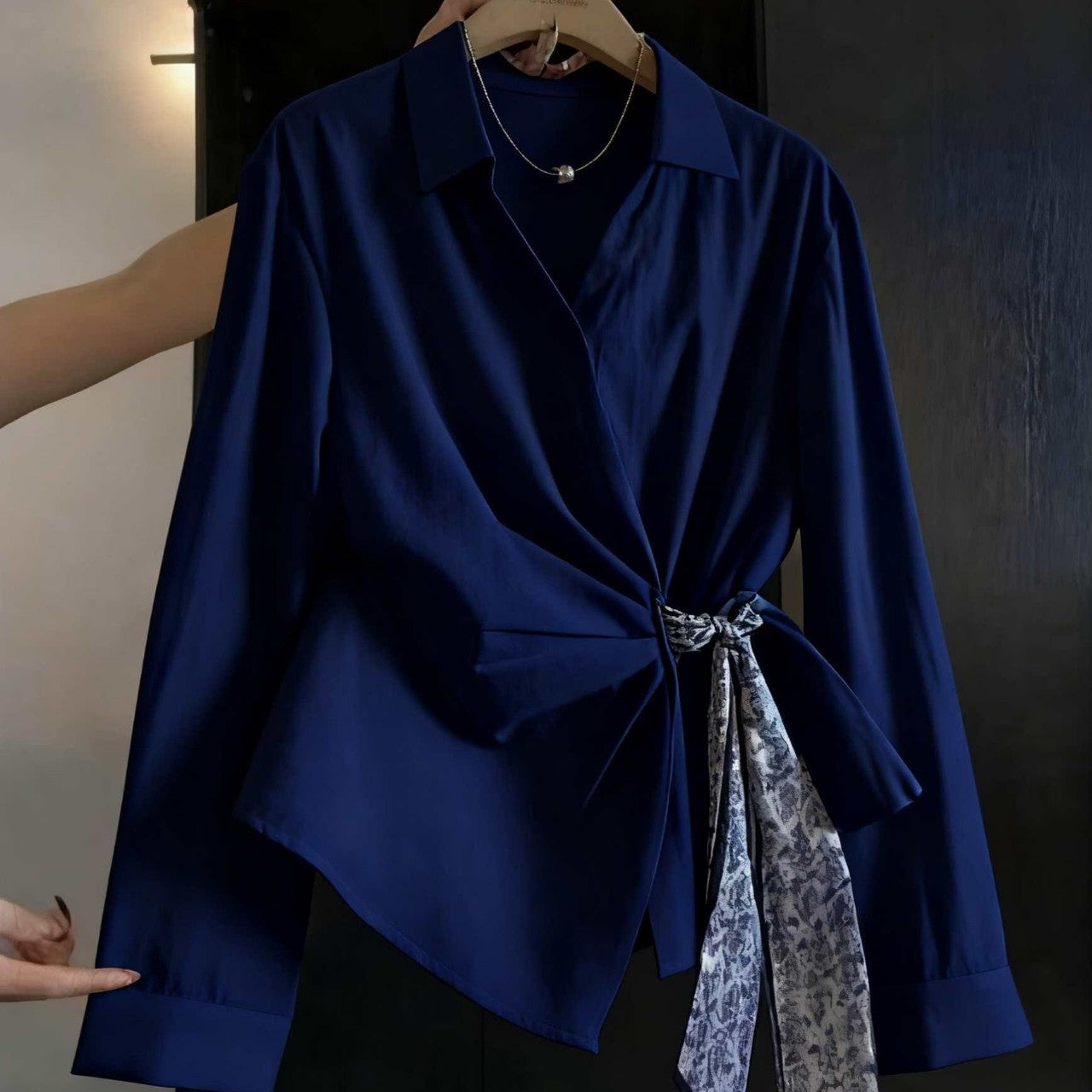 Womens Autumn Long-Sleeve Shirt With A Diagonal-Placket Silk Scarf Tie - Eve & Kith