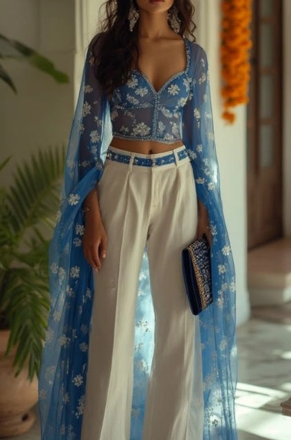 Sheer Embroidered Cape-Overlay Top With Floral Bustier-Blue Statement Blouse - Eve & Kith