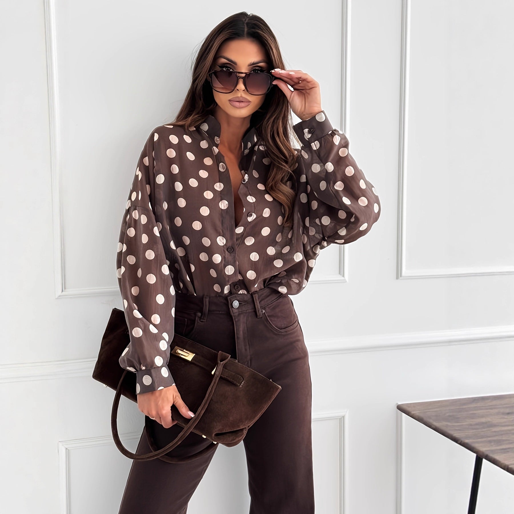 Womens Minimalist Long-Sleeve Polka-Dot Waist-Cinching Office-Ready Shirt - Eve & Kith