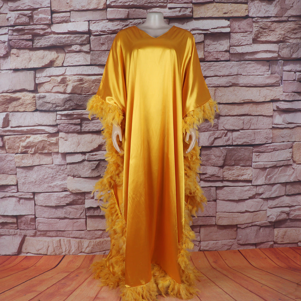 African Women's Loose Dress Luxury Fully Surrounded Light Feather Batwing Sleeve High Slit Robe - Eve & Kith
