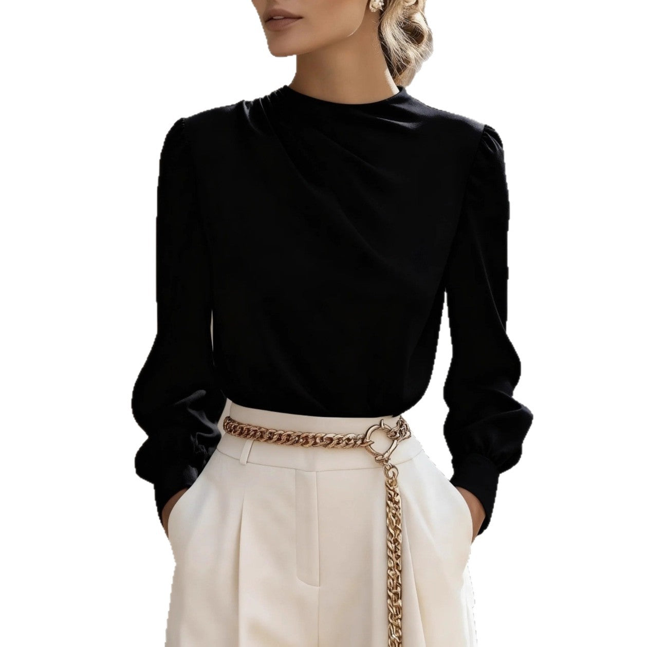 Simple Commuting Temperament Pleated High-neck Lantern Sleeve Blouse For Women - Eve & Kith