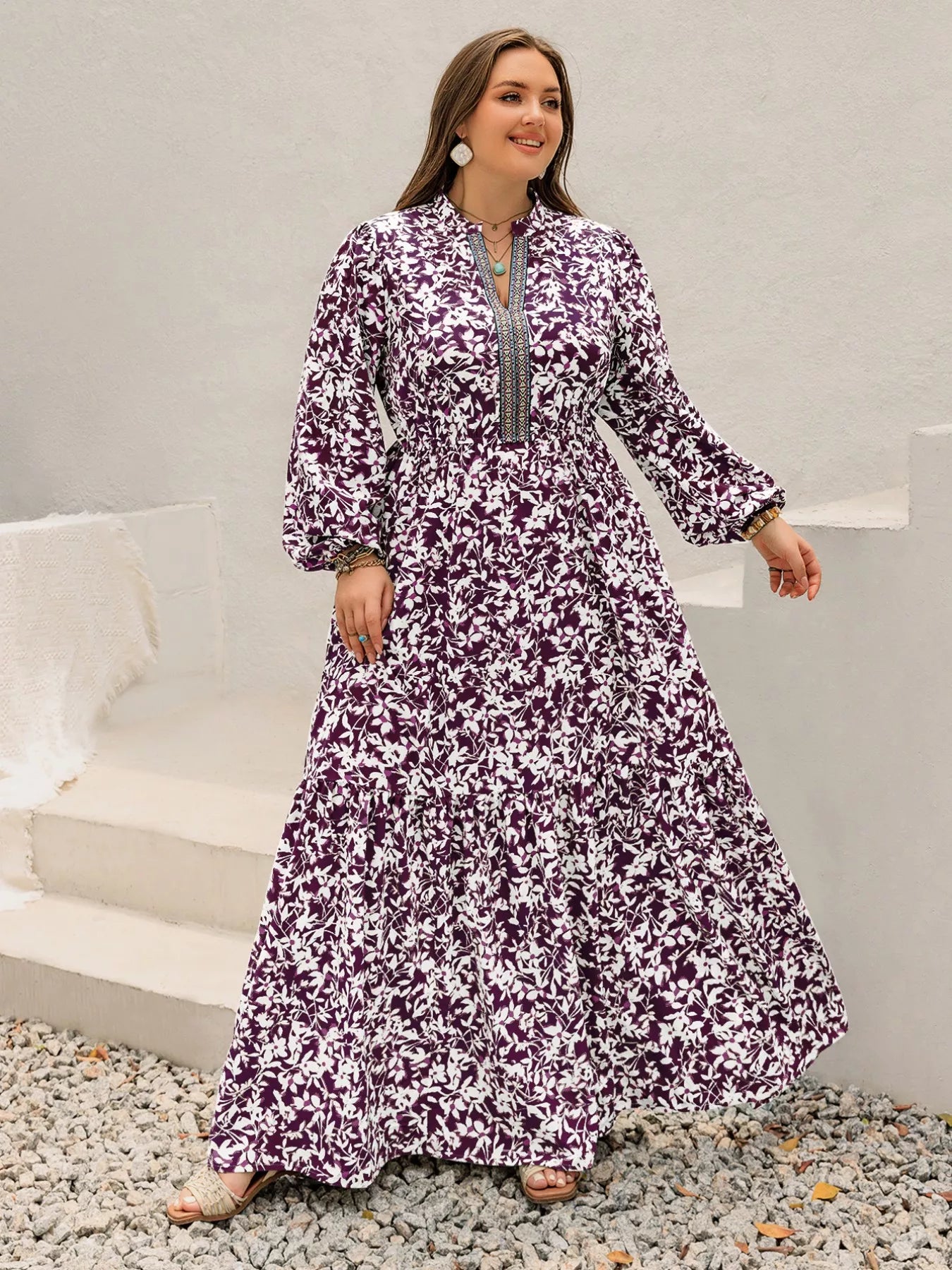 Plus Size  Floral  Maxi Dress with Long Sleeves - Eve & Kith
