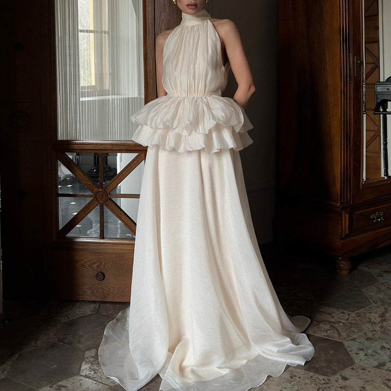 Long Ruffled Dress Sleeveless Stand Collar Solid Color Dress - Eve & Kith