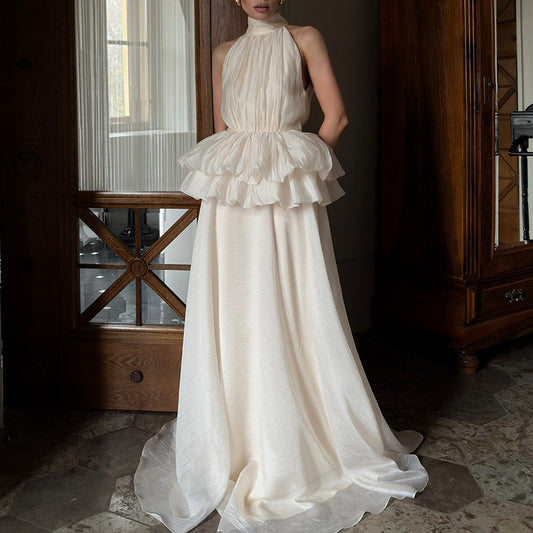 Long Ruffled Dress Sleeveless Stand Collar Solid Color Dress - Eve & Kith