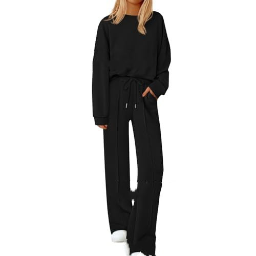 Loose-fitting Solid-color Long-sleeve Top And Pants Two-piece Set