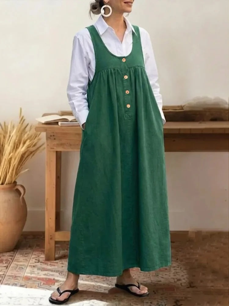 Buttoned Suspender Sleeveless Loose Casual Dress - Eve & Kith