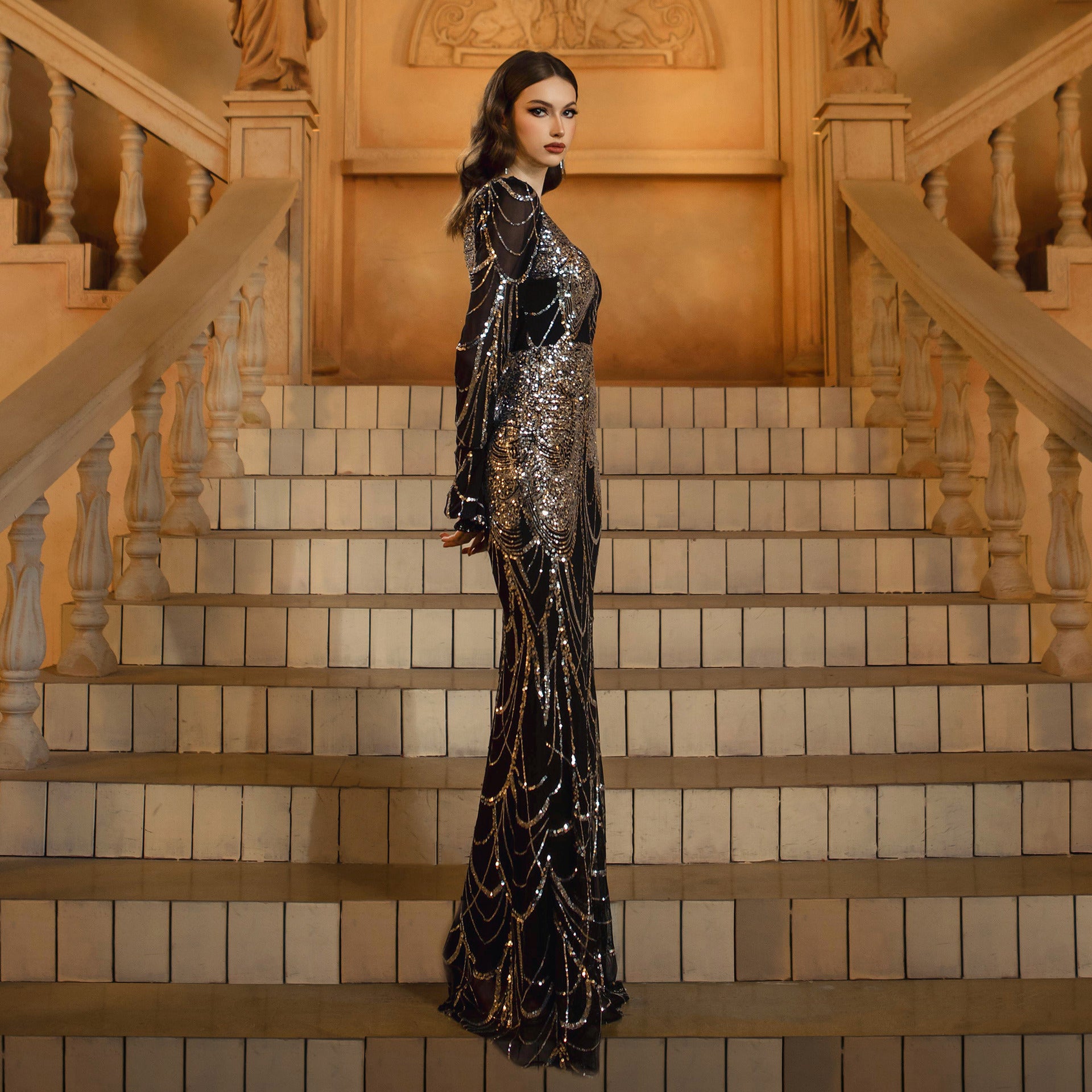 Long Sleeve Round Neck Slim-fit Sheath Sequined Banquet Fishtail Evening Dress - Eve & Kith