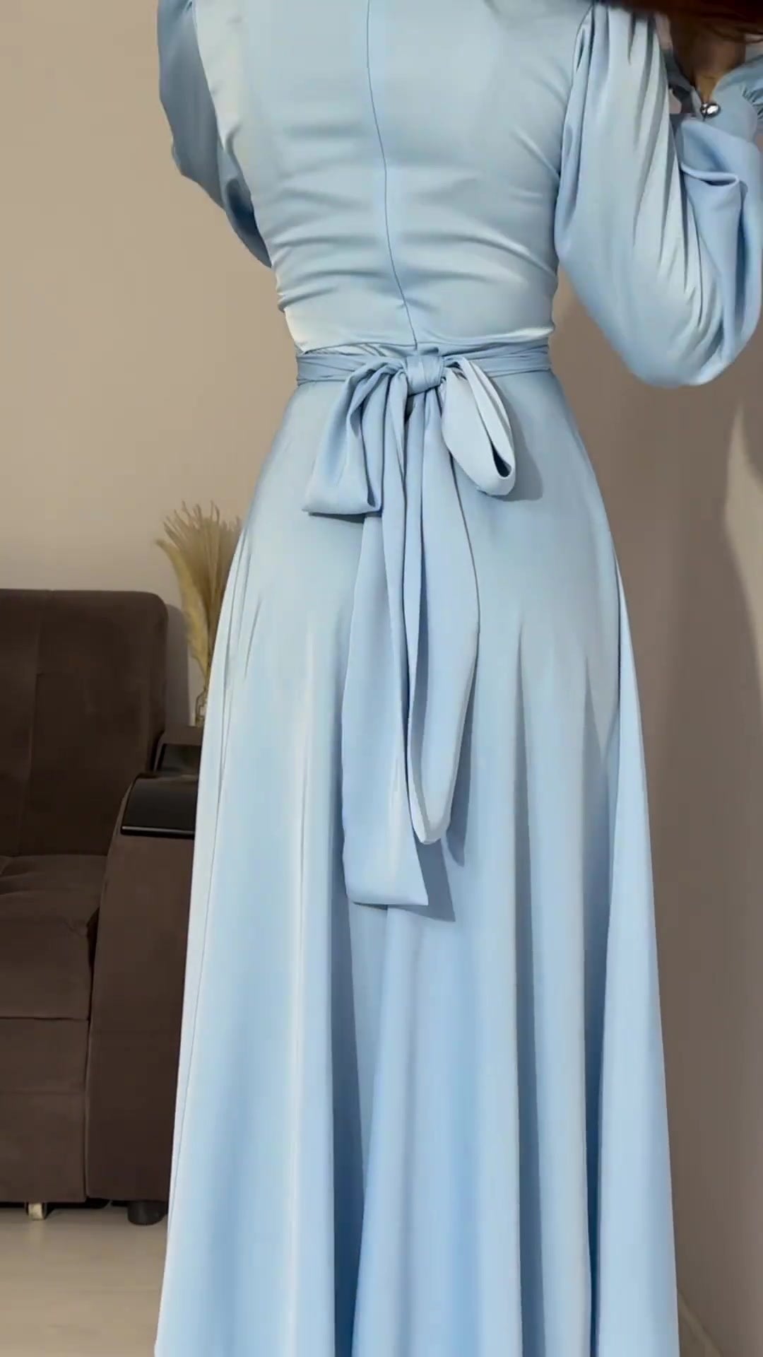 Autumn Long Sleeve Waist Puff Sleeve Green Dress