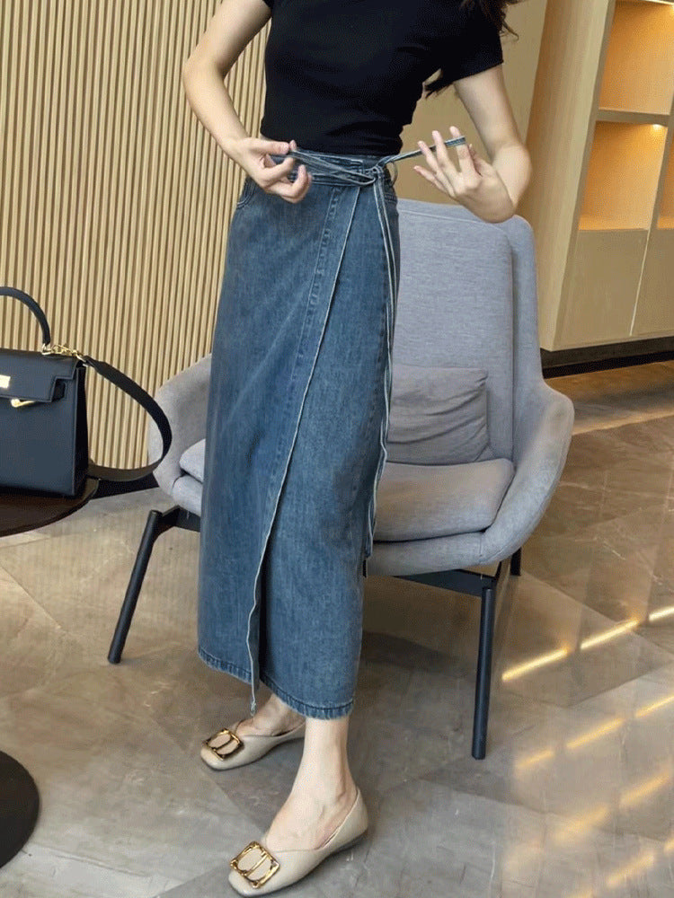 Women's Waist Slit Blue Denim Skirt - Eve & Kith