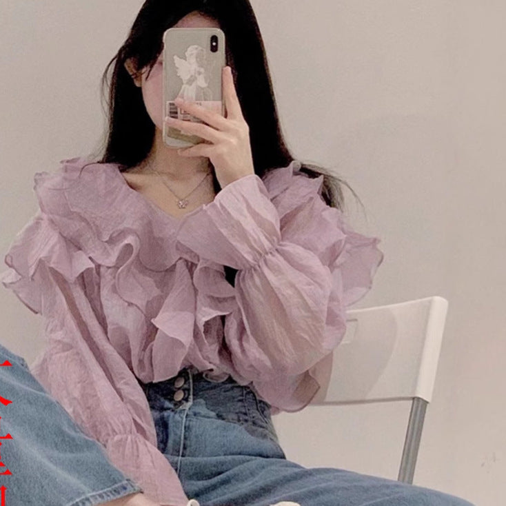 Womens Solid-Color Irregular Chiffon Long-Sleeve Shirt - Eve & Kith