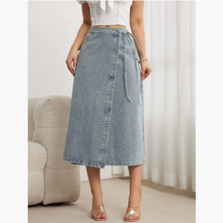 Women's Waist Slit Blue Denim Skirt - Eve & Kith