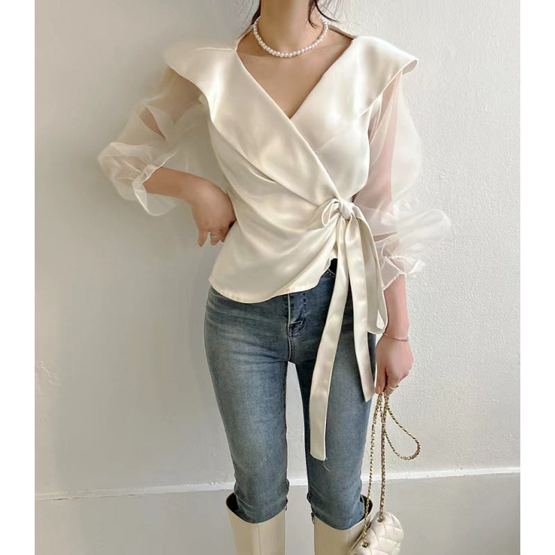 Womens V-neck Panelled Puff-Sleeve Bow-Tie-Neck Blouse - Eve & Kith