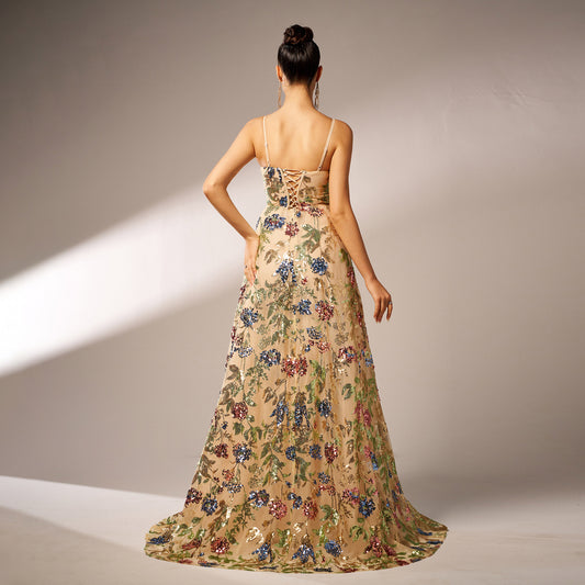 Elegant Sleeveless Sequined Suspender Evening Dress - Eve & Kith