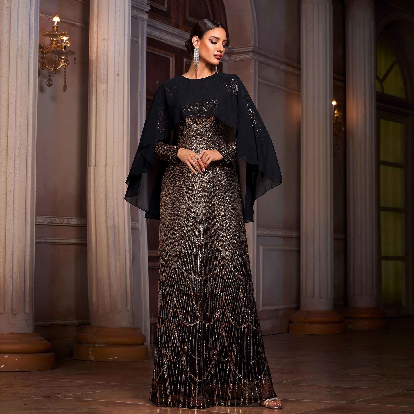 Elegant Long Sleeve Round Neck Shawl Banquet Sequined A- Line Evening Dress - Eve & Kith