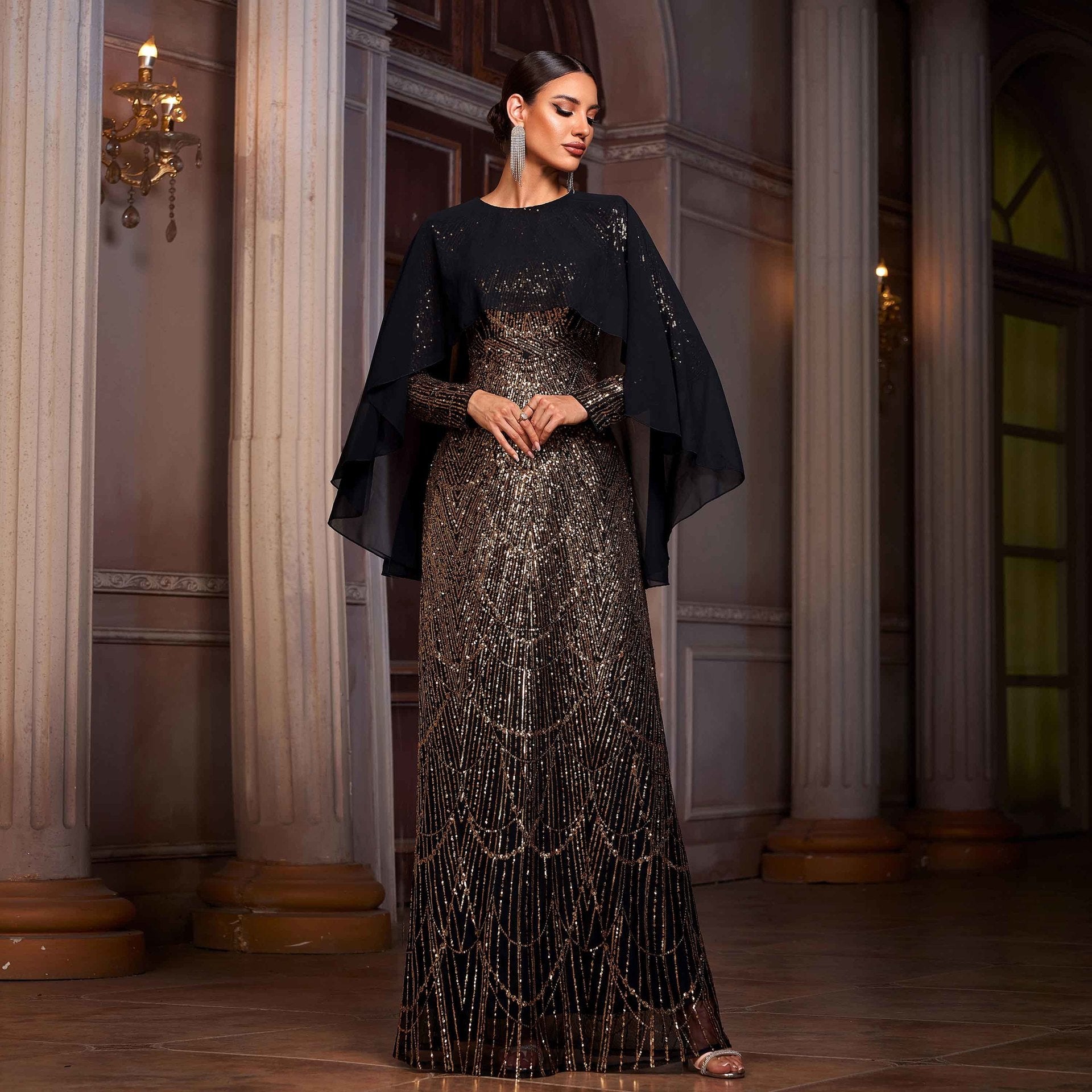 Elegant Long Sleeve Round Neck Shawl Banquet Sequined A- Line Evening Dress - Eve & Kith