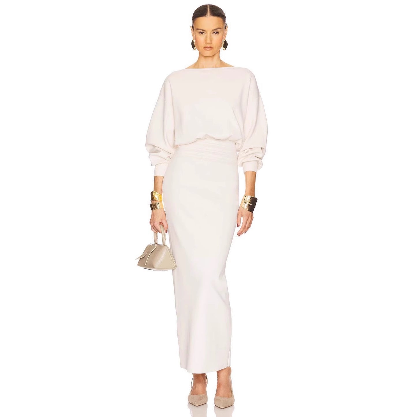 French Round Neck Lantern Sleeve Slimming Long Sleeve Arm Covering Solid Color Dress