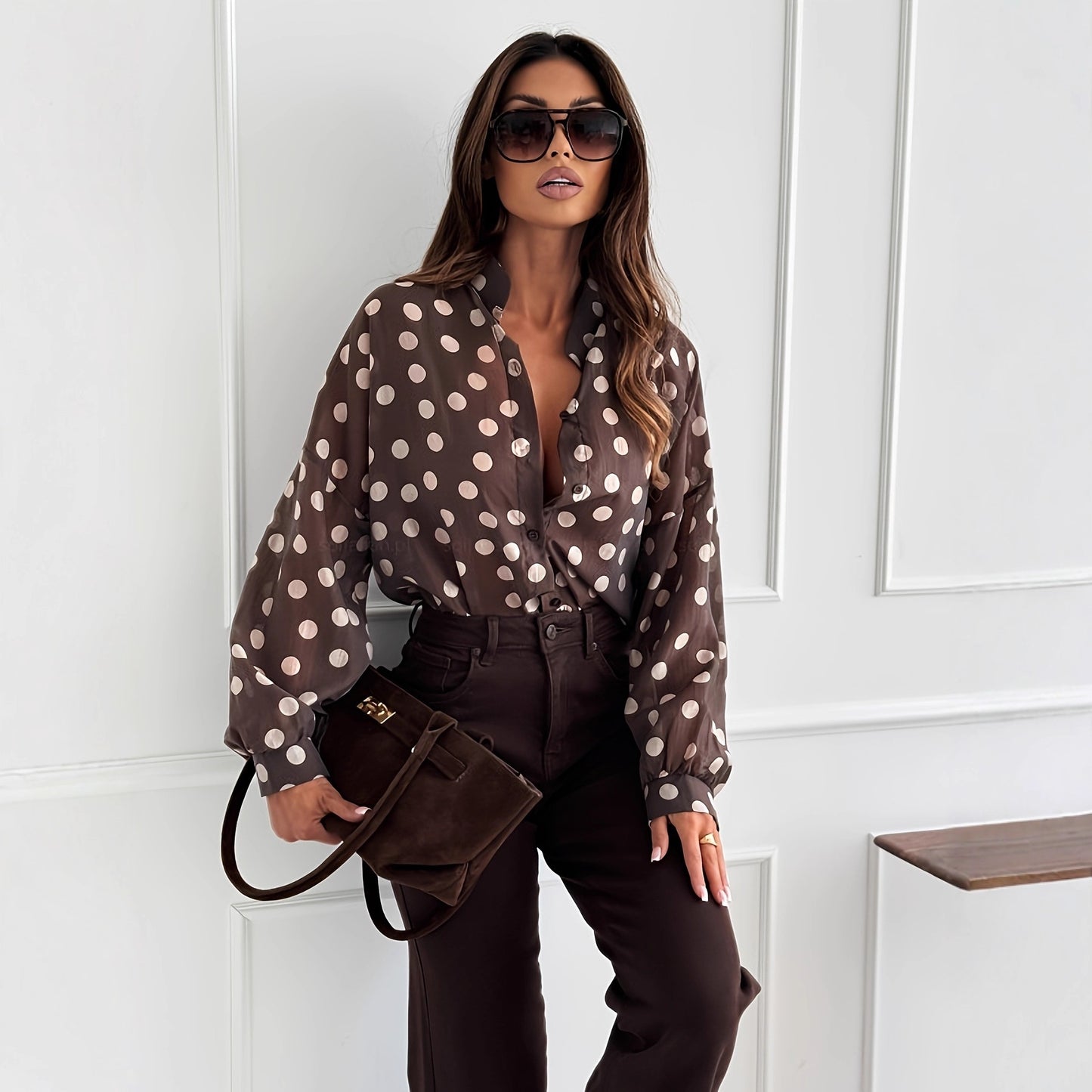Womens Minimalist Long-Sleeve Polka-Dot Waist-Cinching Office-Ready Shirt - Eve & Kith