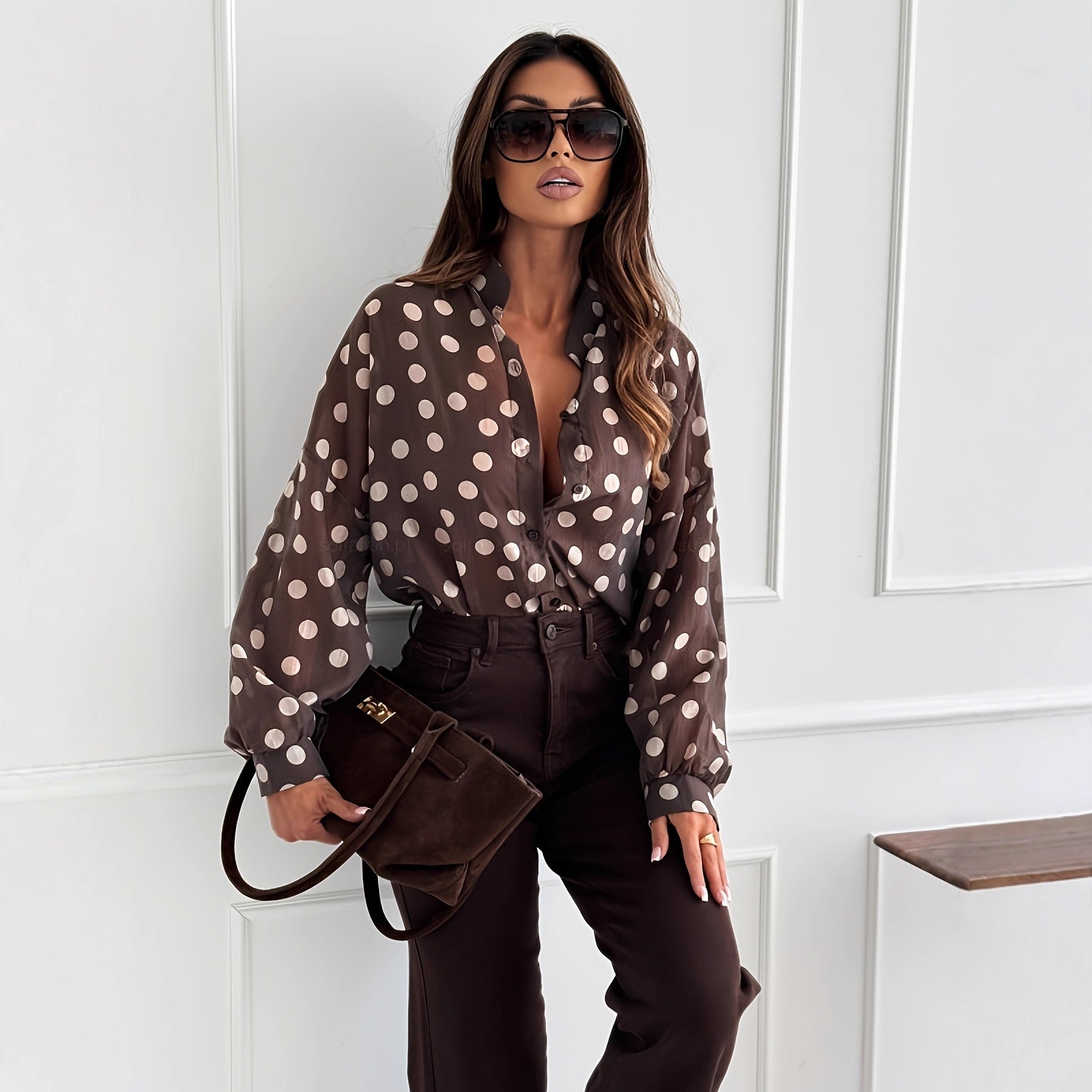 Womens Minimalist Long-Sleeve Polka-Dot Waist-Cinching Office-Ready Shirt - Eve & Kith
