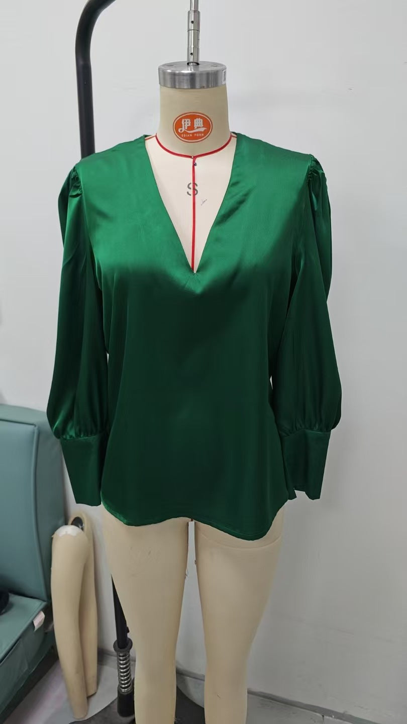Womens Solid-Color V-Neck Silk Satin Long-Sleeve Shirt - Eve & Kith