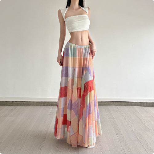 Colorful Flower Niche Artistic Colorblock Plaid Skirt - Eve & Kith