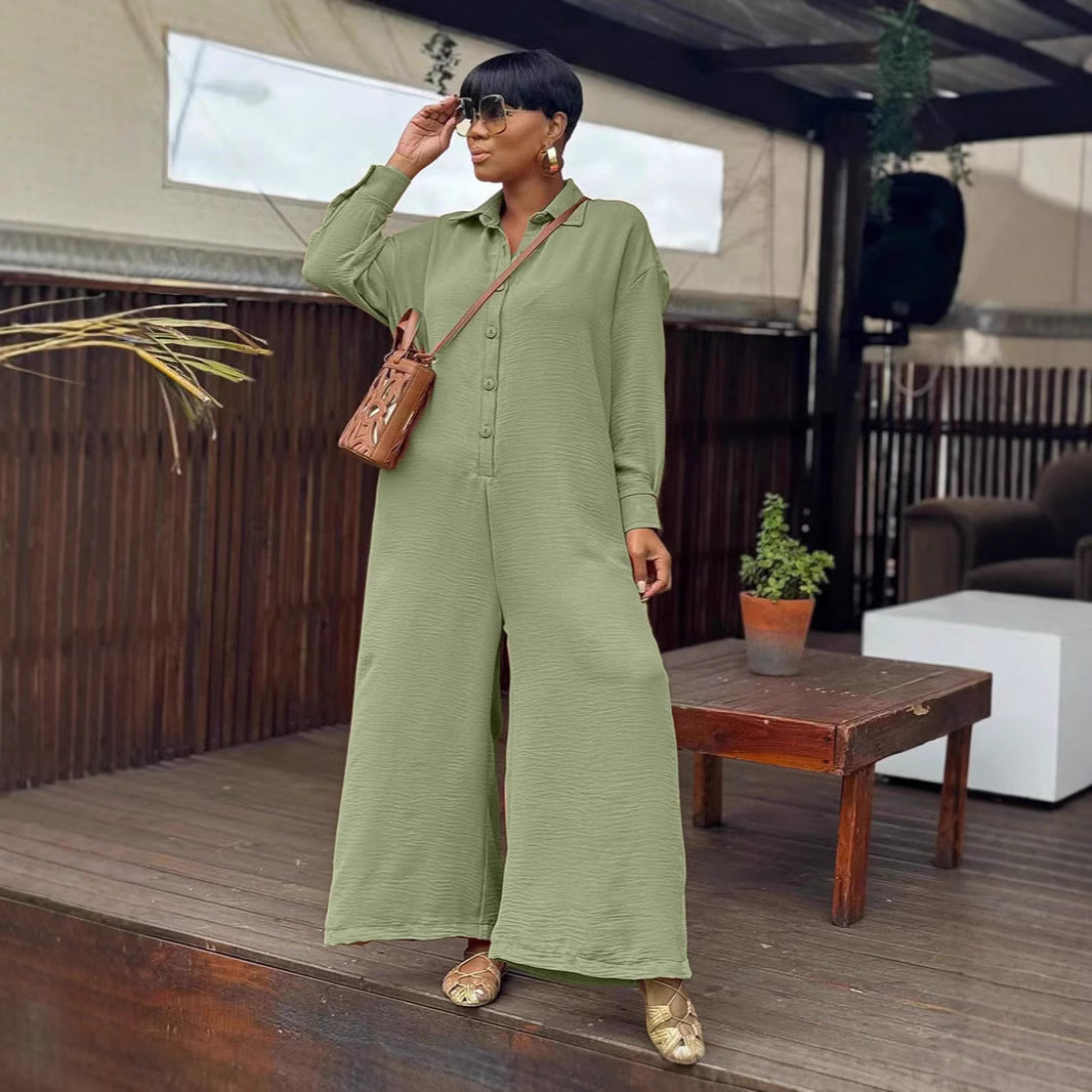 Casual Loose Round Neck Long Sleeve Wide Leg One-piece - Eve & Kith