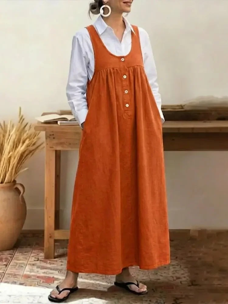 Buttoned Suspender Sleeveless Loose Casual Dress - Eve & Kith