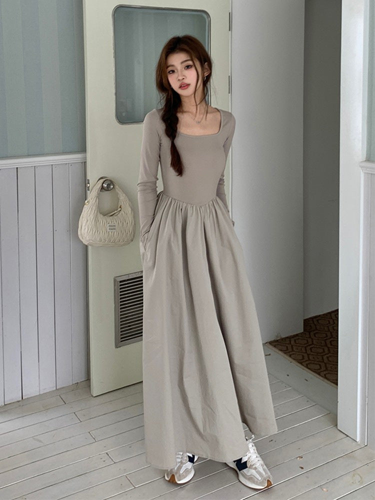 French Hepburn Style Long Sleeve Square-neck Base Dress - Eve & Kith