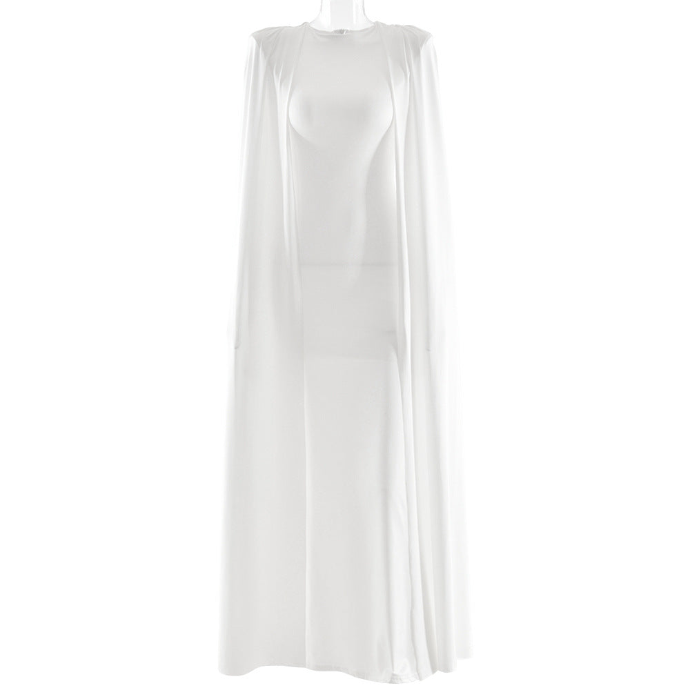 Solid Color Round-neck Pleated Shawl Slim Dress