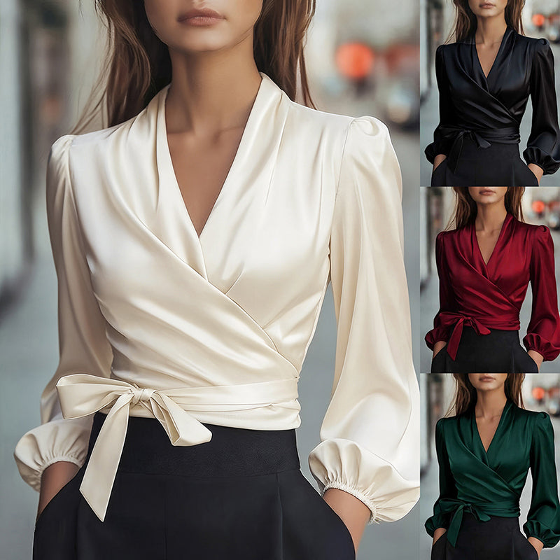 Women's Elegant Solid Color V-Neck Satin Long Sleeve Blouse, Tie Waist Professional Office Shirt For Spring Autumn - Eve & Kith