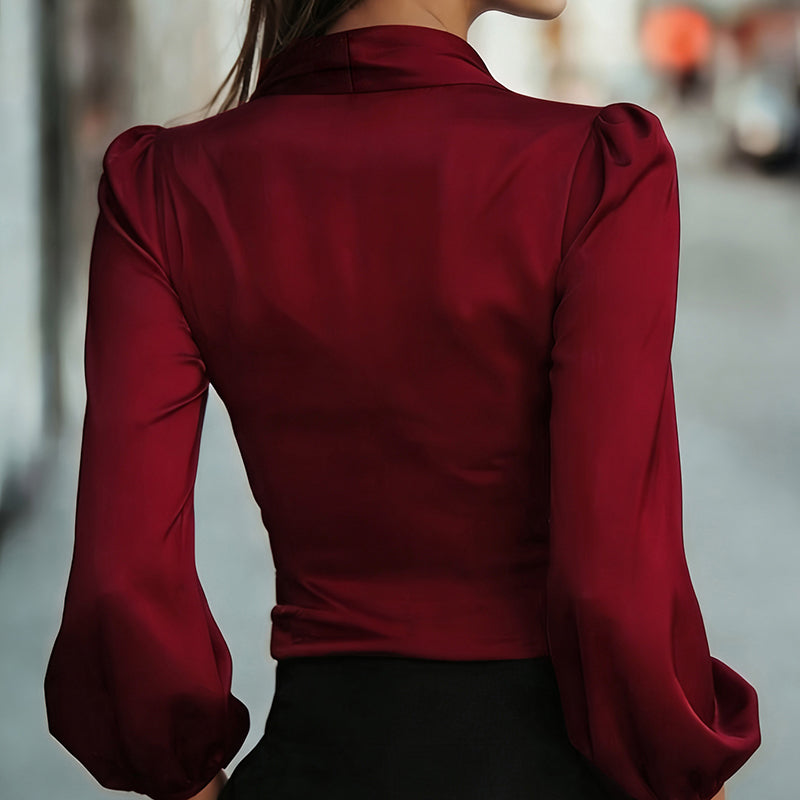 Women's Elegant Solid Color V-Neck Satin Long Sleeve Blouse, Tie Waist Professional Office Shirt For Spring Autumn - Eve & Kith